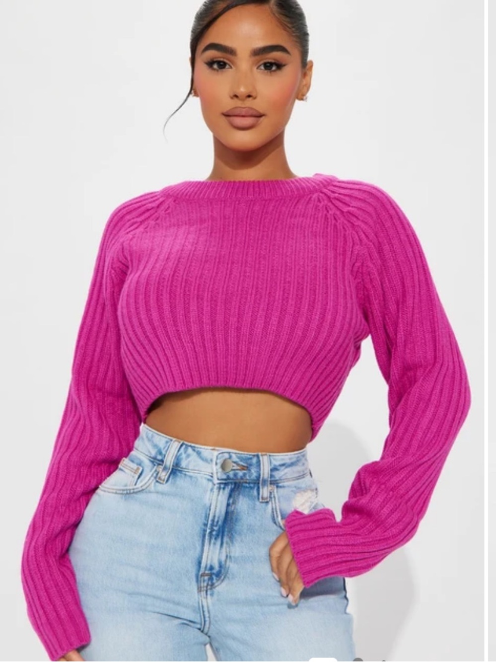 Fashion Nova Fuchsia Cropped Ribbed Crew Sweater - Size Small